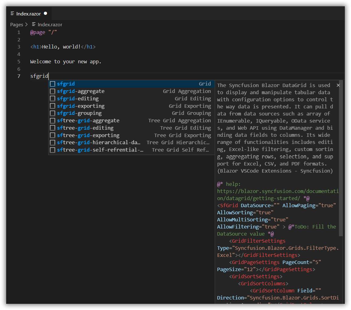 Blazor Code Snippets for DataGrid in Visual Studio Code