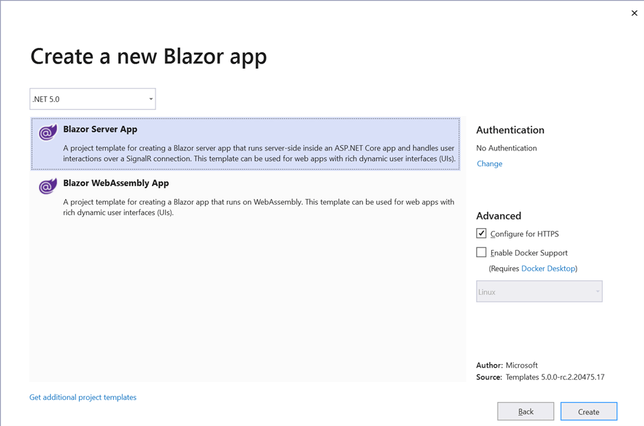 Choose the Blazor Server App option from the list