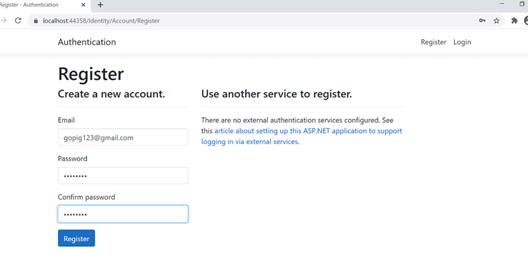 Enter your authentication details in the appropriate fields and then click Register