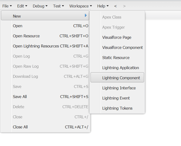 In the Developer Console window, select File->New-> Lightning Component