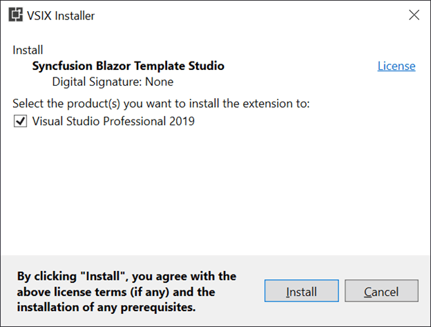 Install the Syncfusion Blazor Template studio by selecting the Install option in the VSIX Installer Window