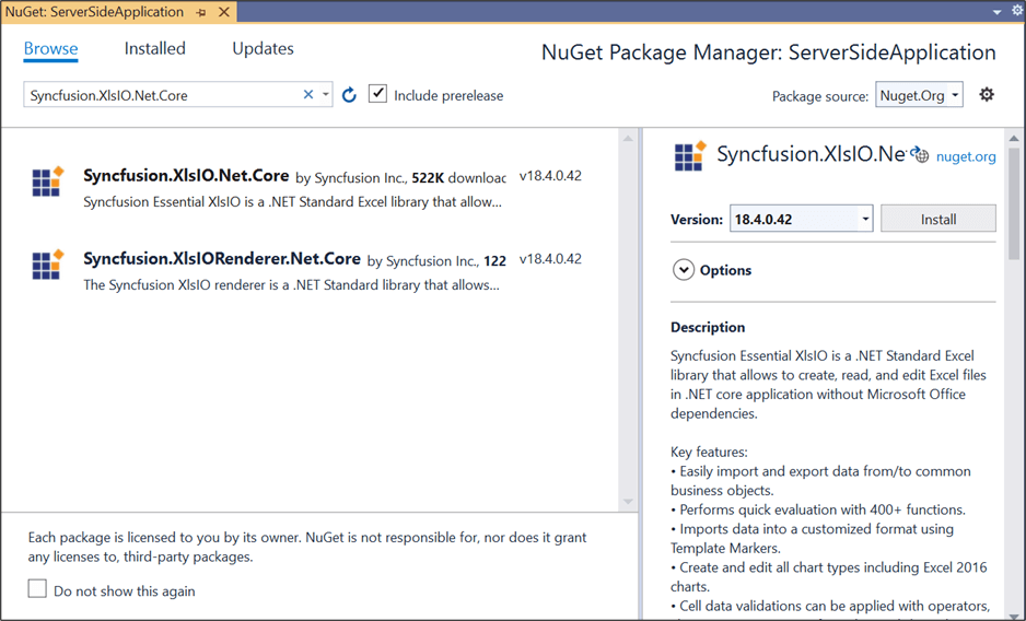 Install the Syncfusion.XlsIO.Net.Core NuGet package to the project
