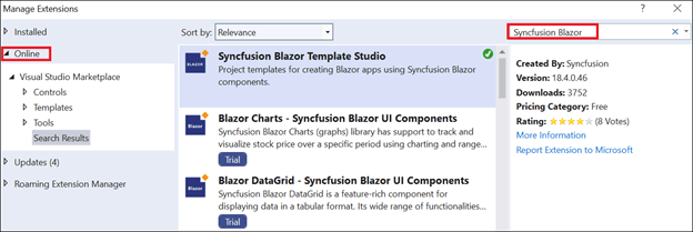 Select the Syncfusion Blazor Template Studio extension