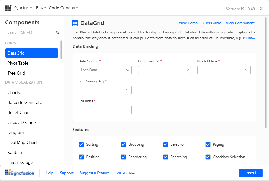 Syncfusion Blazor Code Generator window