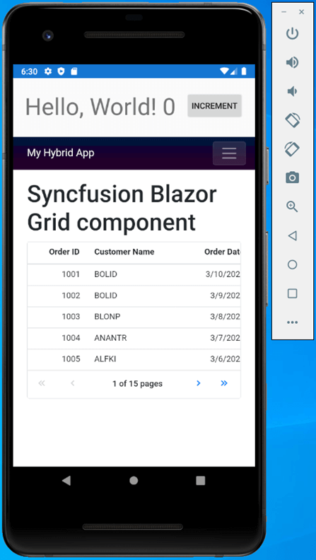 Syncfusion Blazor Grid rendered on android mobile