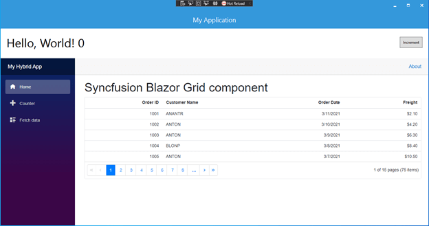 Syncfusion Blazor Grid rendered on windows desktop