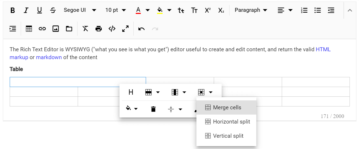 Table cell merge and split feature in JavaScript Rich Text Editor