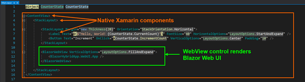 The native Xamarin and Blazor WebView controls in Main.razor file
