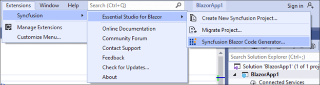 choose Extension -> Syncfusion -> Essential Studio for Blazor -> Syncfusion Blazor Code Generator from the Visual Studio Menu.