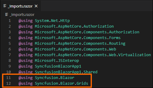 Add the required namespaces to render the Syncfusion Blazor DataGrid in the Imports.razor file