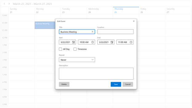 Edit Event Dialog in WinUI Scheduler