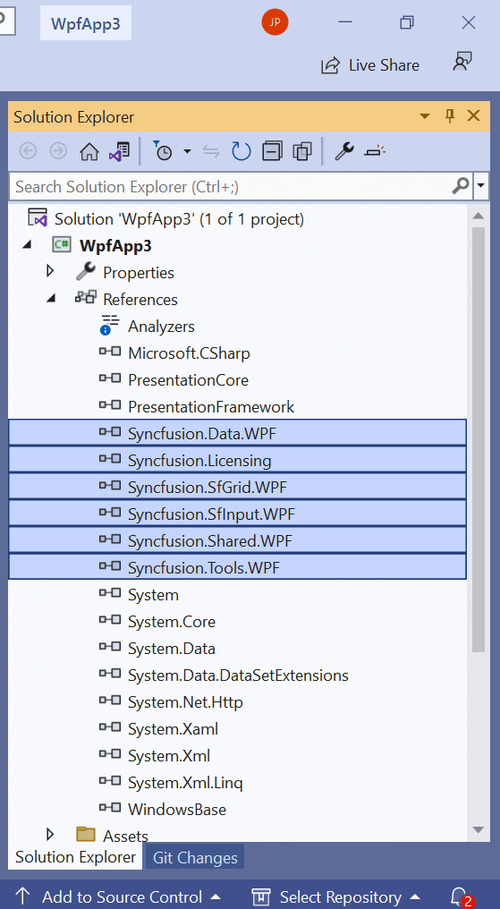 Add the selected Syncfusion WPF control to WPF app with the required Syncfusion assemblies