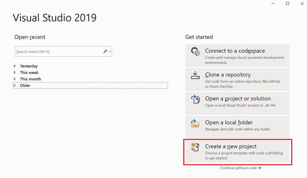 Choose Create a new project option from the list