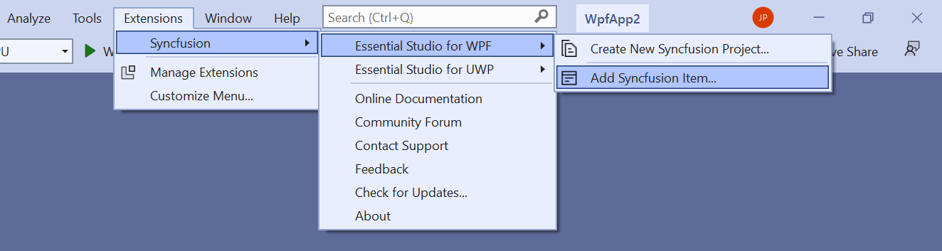 Choose Extensions -> Syncfusion -> Essential Studio for WPF -> Add Syncfusion Item