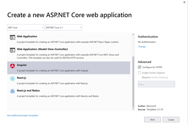 Create a New ASP.NET Core Web Application Dialog