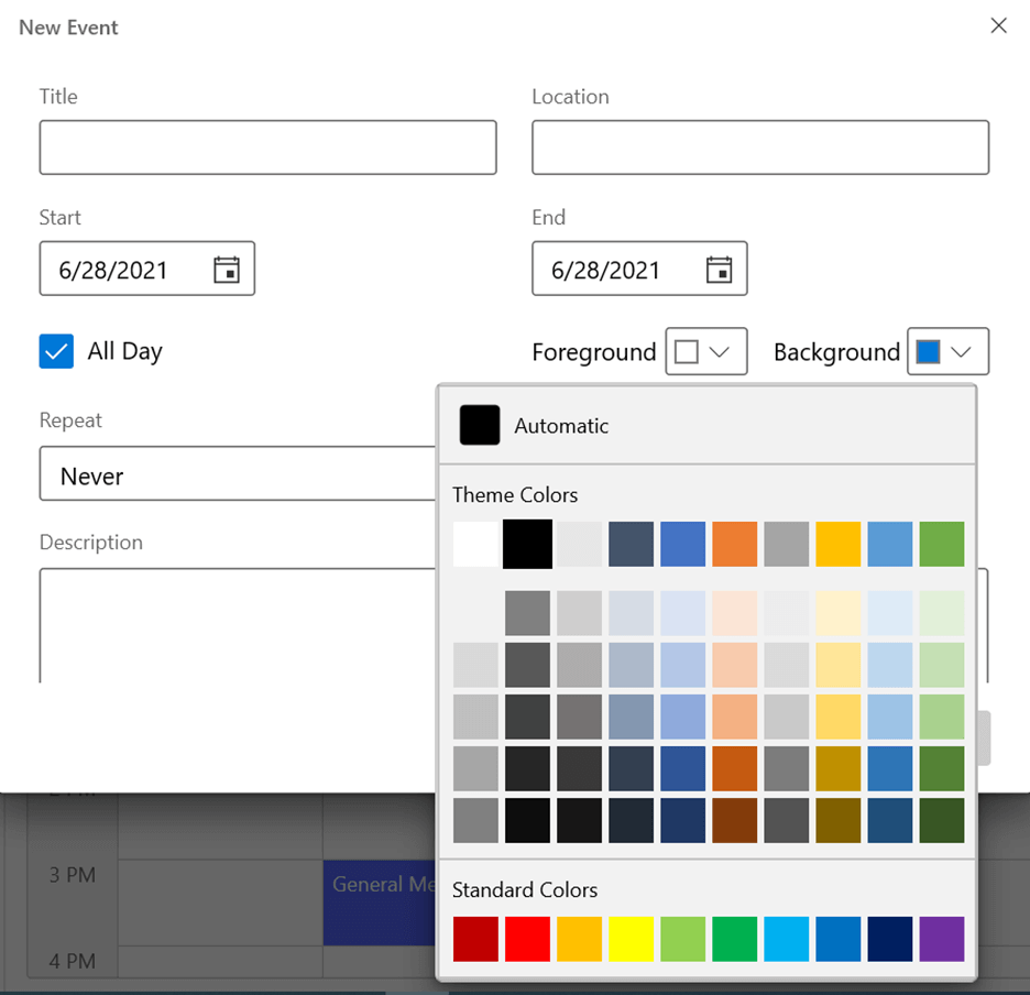 Background and Foreground Color Editors in WinUI Scheduler