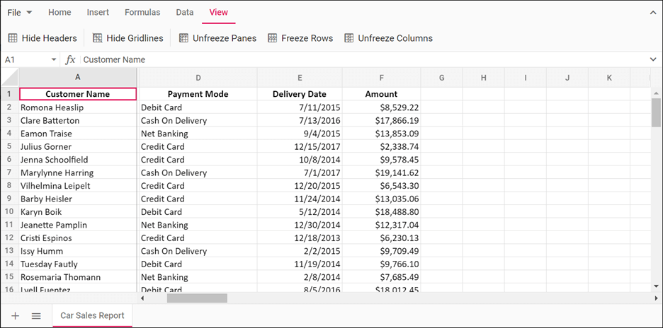 Frozen Columns in JavaScript Spreadsheet