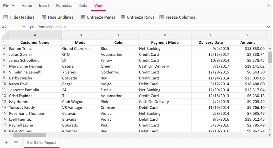 Frozen Rows in JavaScript Spreadsheet