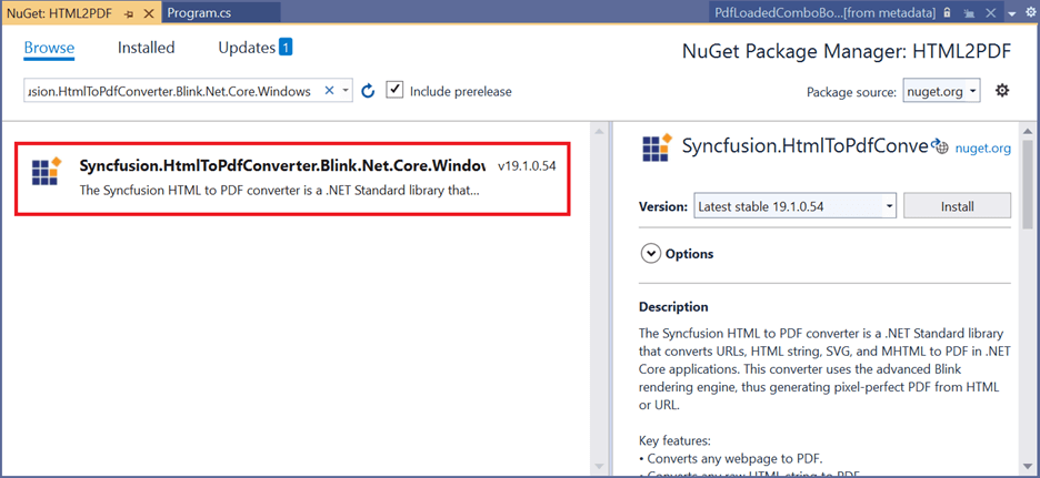 Install the Syncfusion.HtmlToPdfConverter.Blink.Net.Core.Windows package