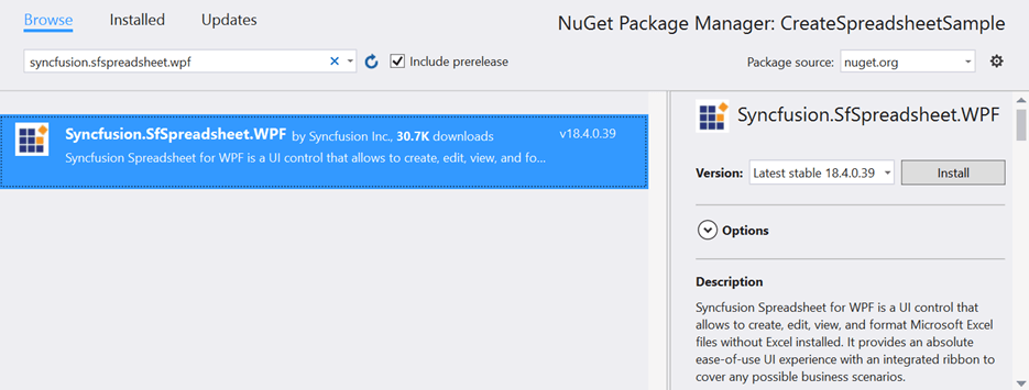 Install the Syncfusion.SfSpreadsheet.WPF NuGet Package