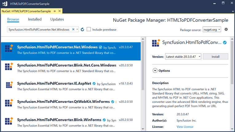 Search for the Syncfusion.HtmlToPdfConverter.Net.Windows NuGet package