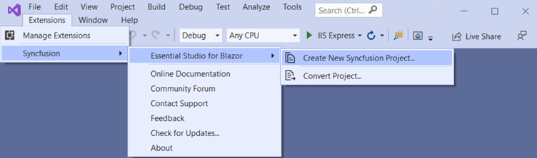 Choose Extension , Syncfusion, Essential Studio for Blazor, Create New Syncfusion Project… from the Visual Studio menu
