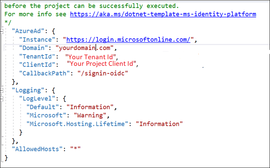 Configure the client tenant id, application id, and domain in your project’s appsettings.json file