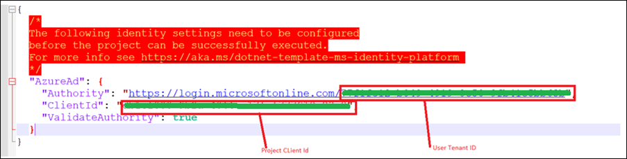 Configure the client tenant ID and application ID in your project’s appsettings.json file.