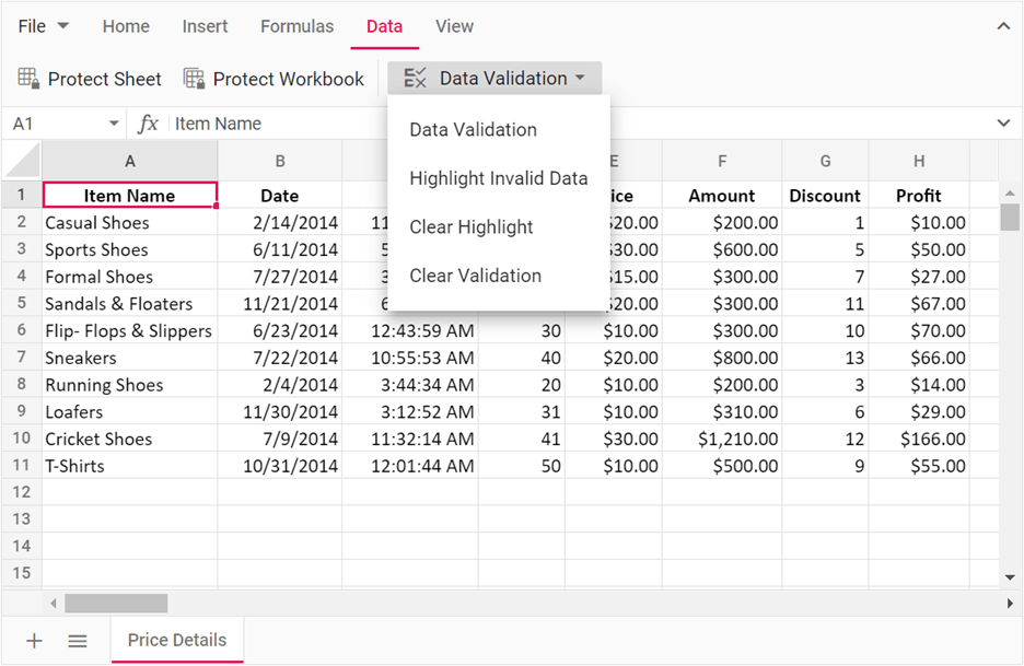 Data Validation DropDown Button in JavaScript Spreadsheet