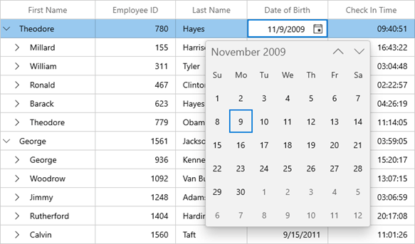 Date Selection Using CalendarDatePicker in WinUI TreeGrid