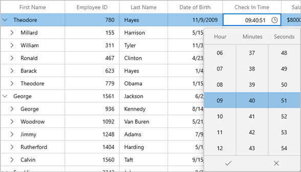 Time Selection Using TimePicker in WinUI TreeGrid