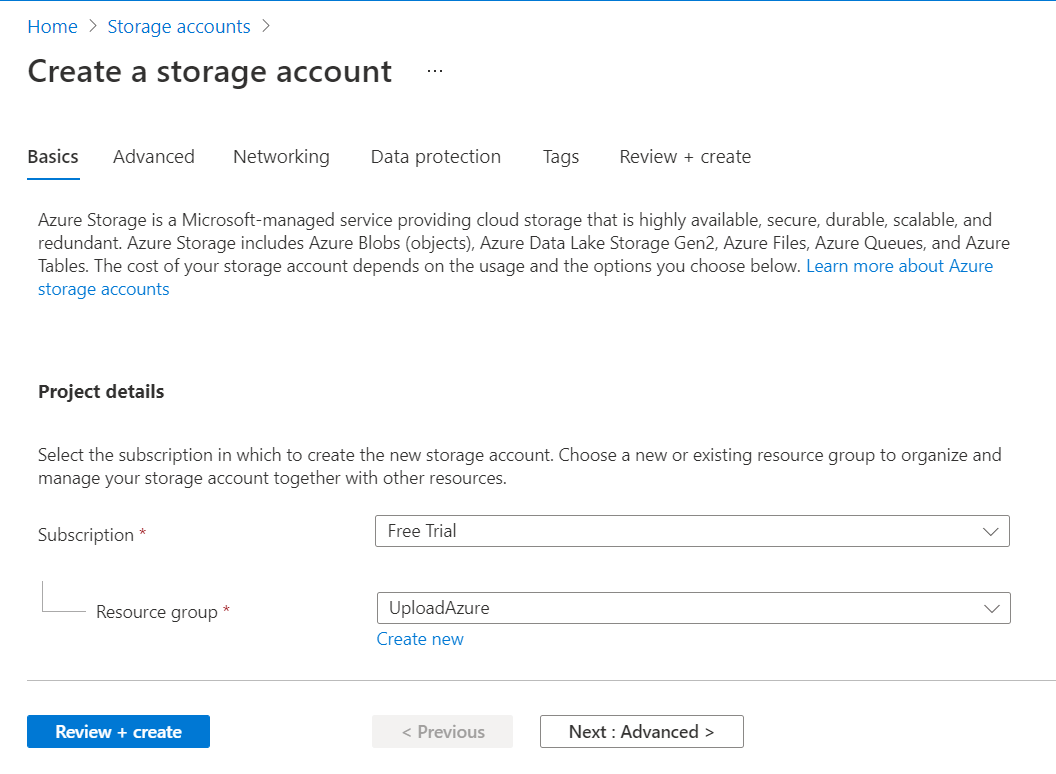 Create a storage account page