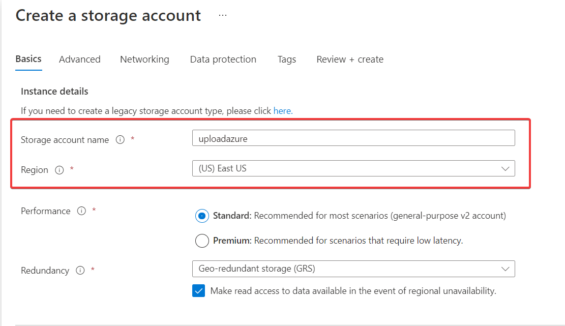 Fill up the details in the Create a storage account page