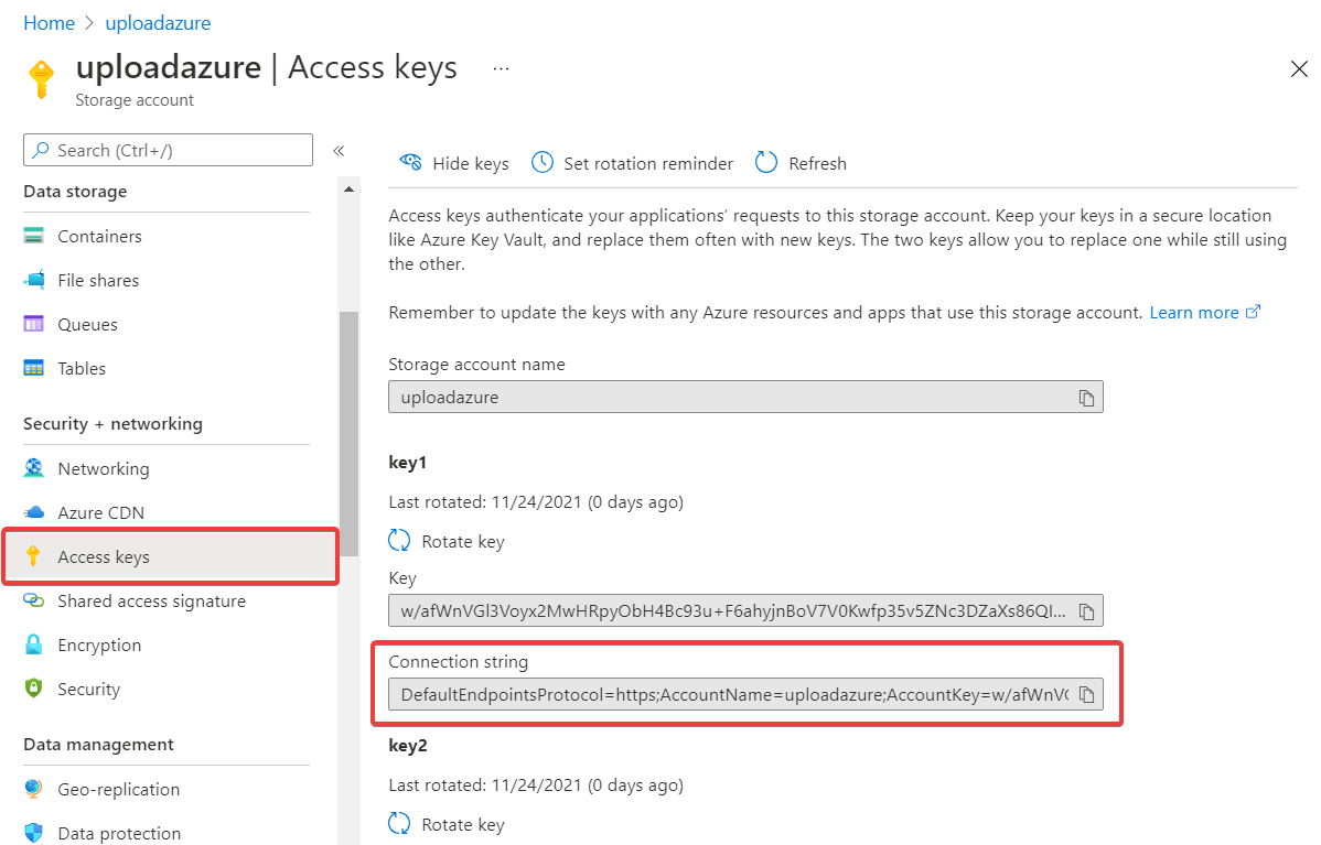 Select the Access keys option to get your keys and connection string.