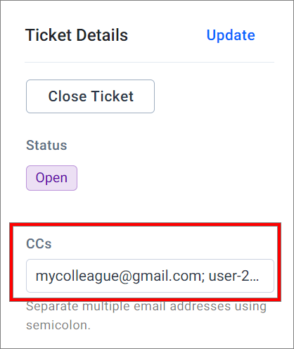 Ticket Details window showing CC field