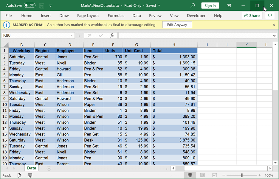 Excel Workbook Marked as Final