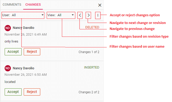 Options for viewing, accepting, or rejecting tracked changes