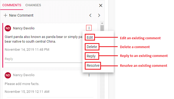 The edit, delete, reply, and resolve options of a comment