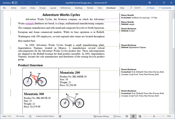 Tracked changes in a Word document