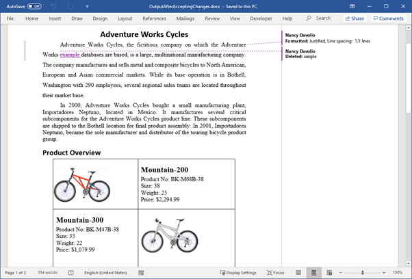 Word document after accepting changes made by a user