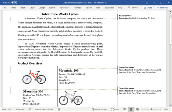 Word document after rejecting changes made by a user