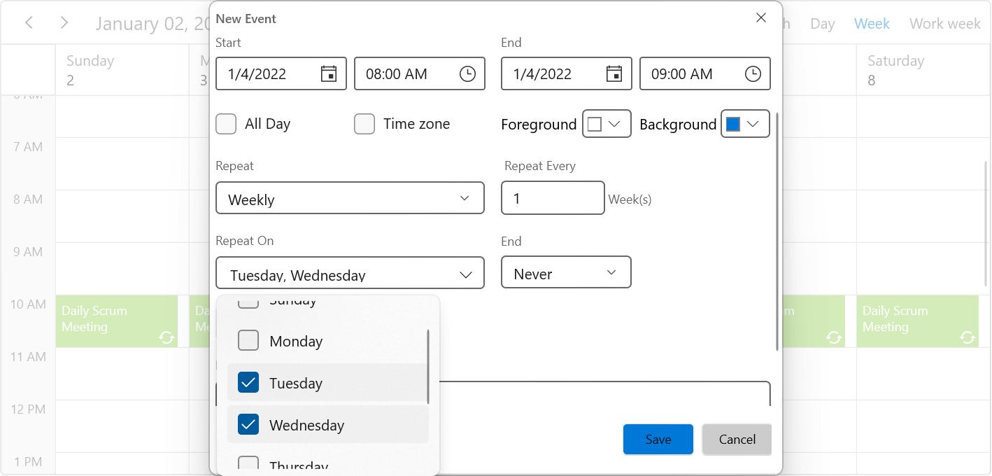 Weekly Recurrence in WinUI Scheduler