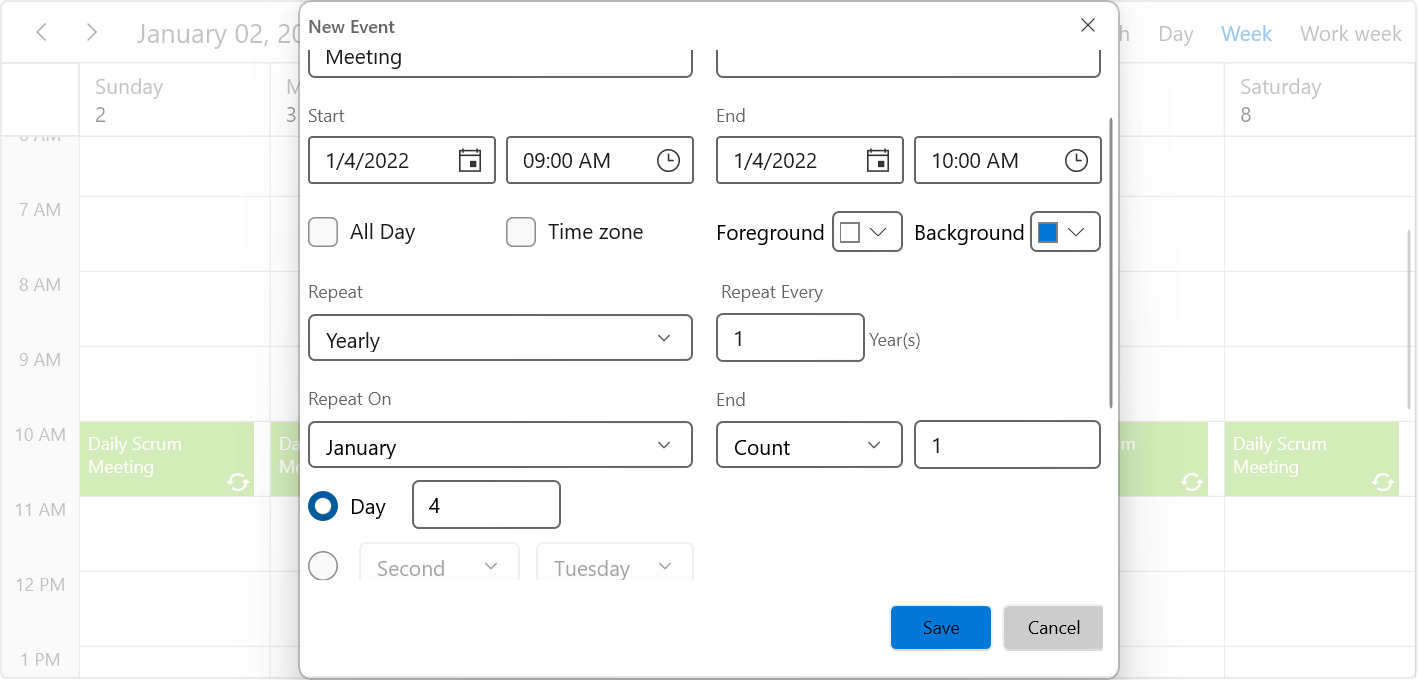 Yearly Recurrence by Month Day in WinUI Scheduler