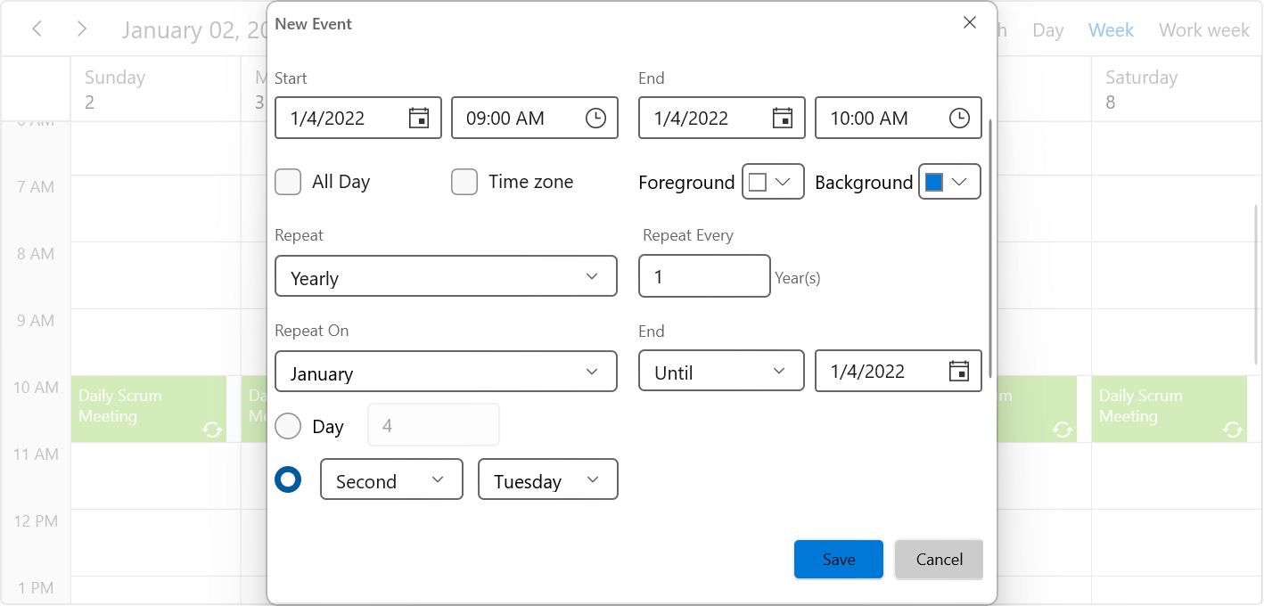 Yearly Recurrence by Week in WinUI Scheduler