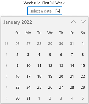 Changing the Week Rule in WinUI Calendar Date Picker