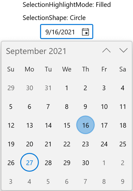 Filled Selection Highlight Mode and Circular Selection Shape in WinUI Calendar Date Picker