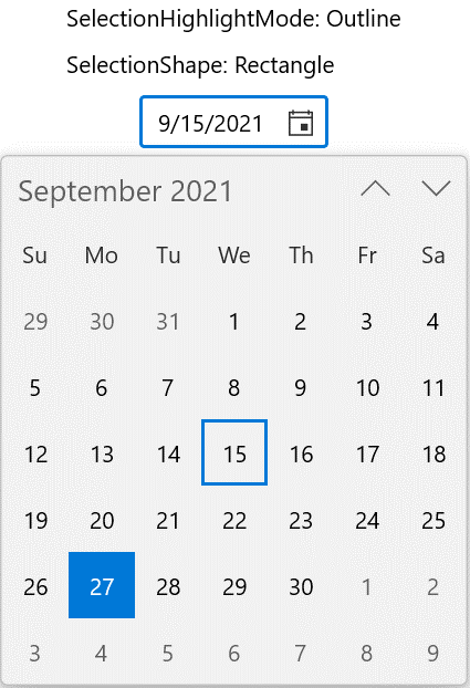 Outline Selection Highlight Mode and Rectangle Selection Shape in WinUI Calendar Date Picker