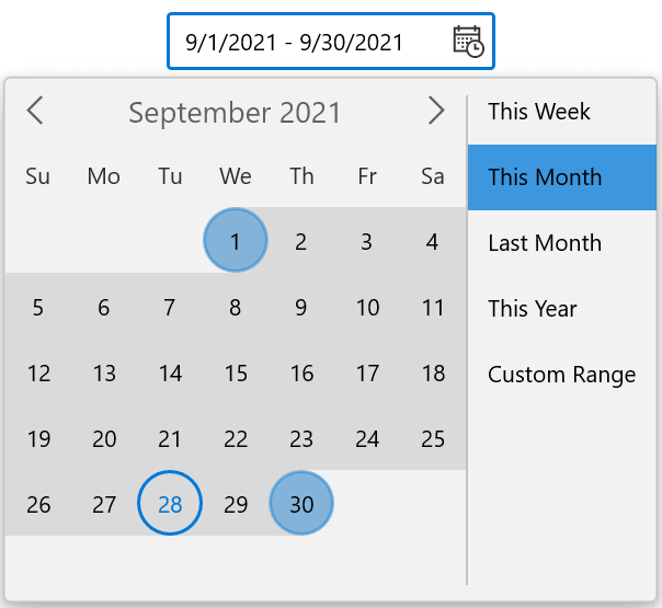 WinUI Calendar DateRange Picker Showing Preset Items