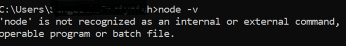 Error message confirming that Node.js is not installed