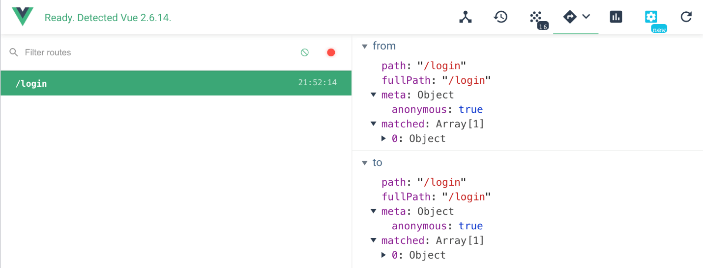 Inspecting routes in Vue JS Dev Tools